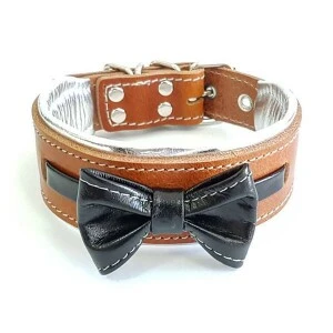 Zgarda Bowtie-Papion, Piele Naturala, XL, Maro/Negru