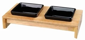Set 2 Castroane Ceramice Cu Suport Lemn, 2x0.2 l/ 10x10 cm/ 28x5x15, Negru/Maro, 24820